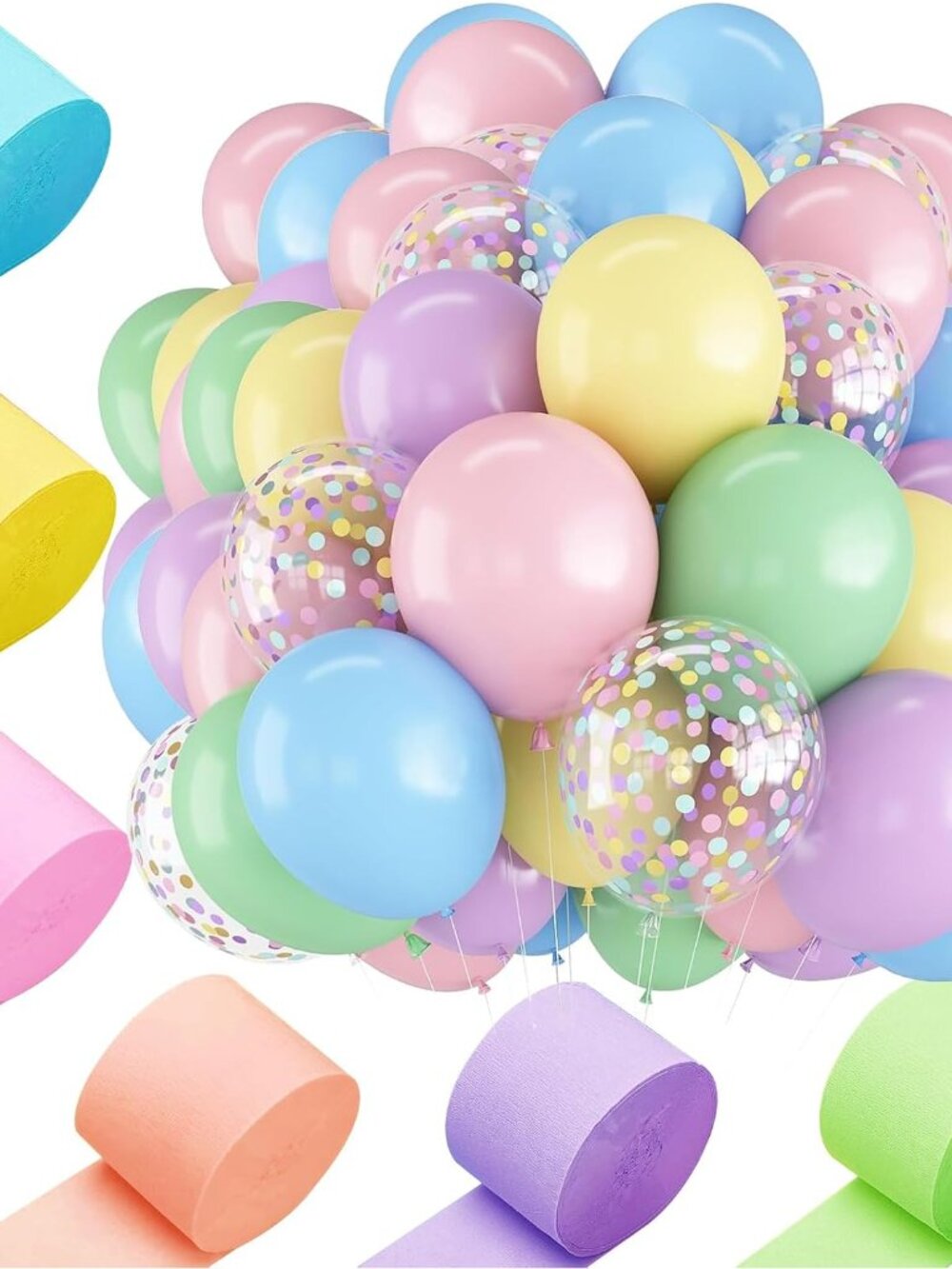 Macaron Crepe Paper Streamers 6 Rolls 492ft and 36pcs Macaron Pastel Latex Ballo